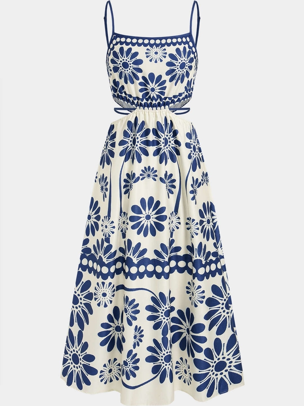 Blue & White Floral Cutout Midi Dress